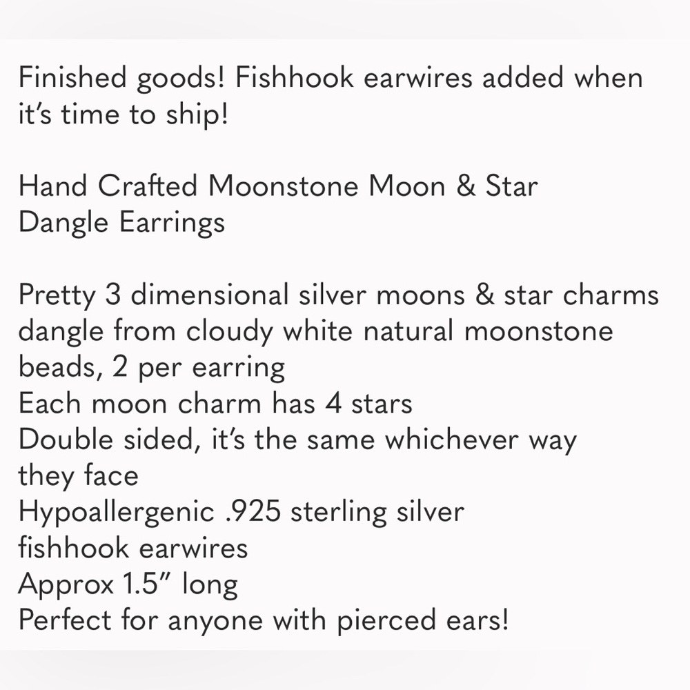 Hand Crafted Earrings Moonstone Moon & Star Dangle Pierced Silver White - Picture 9 of 9